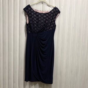 Connected Apparel Navy and Pink Lace Midi Dress